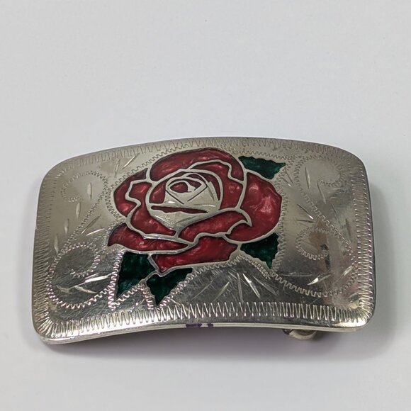 Vintage Johnson & Held Rose Inlay Silver Tone Belt Buckle Handcrafted in Denver - Picture 1 of 7